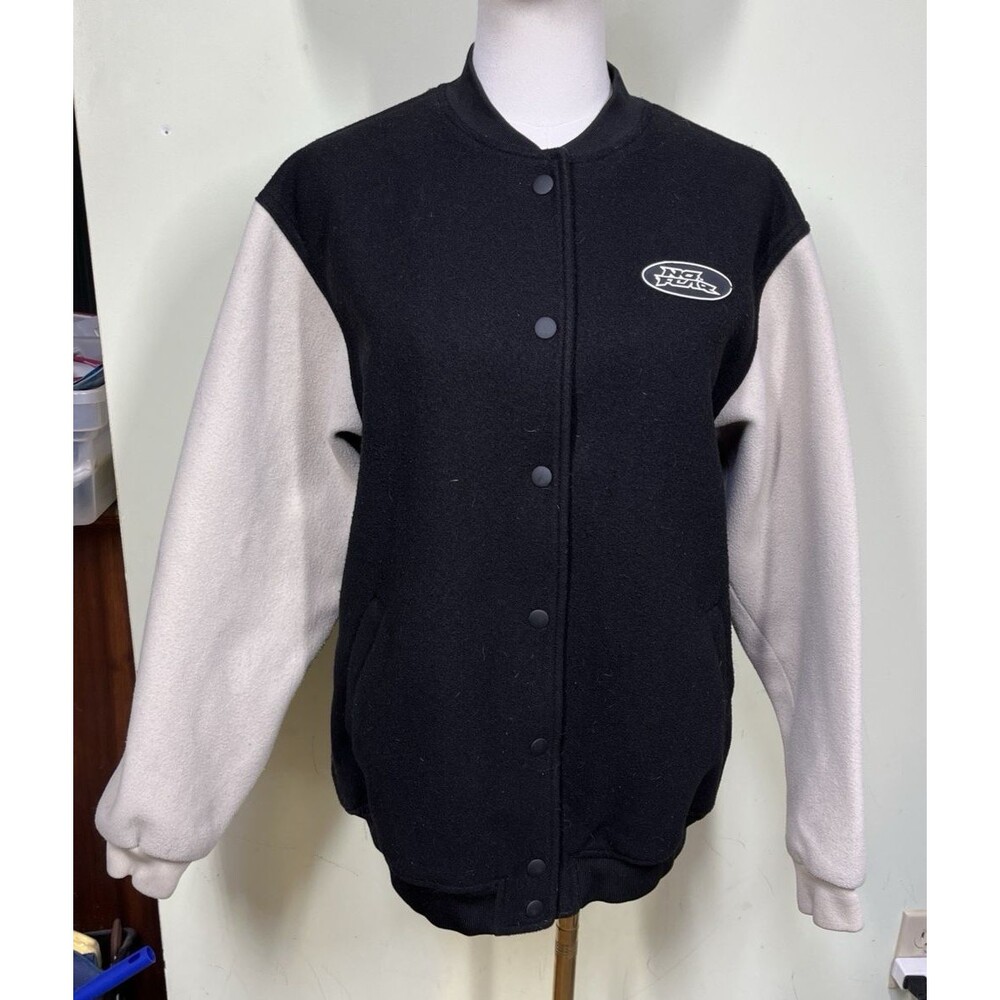 H&M No Fear Collab Black Off White Varsity Bomber Jacket Buttons Men's Sz XS